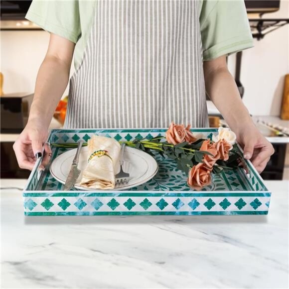 Green Rectangular Serving Tray Decorative Plastic Tray with Handles for Home - Picture 5 of 8